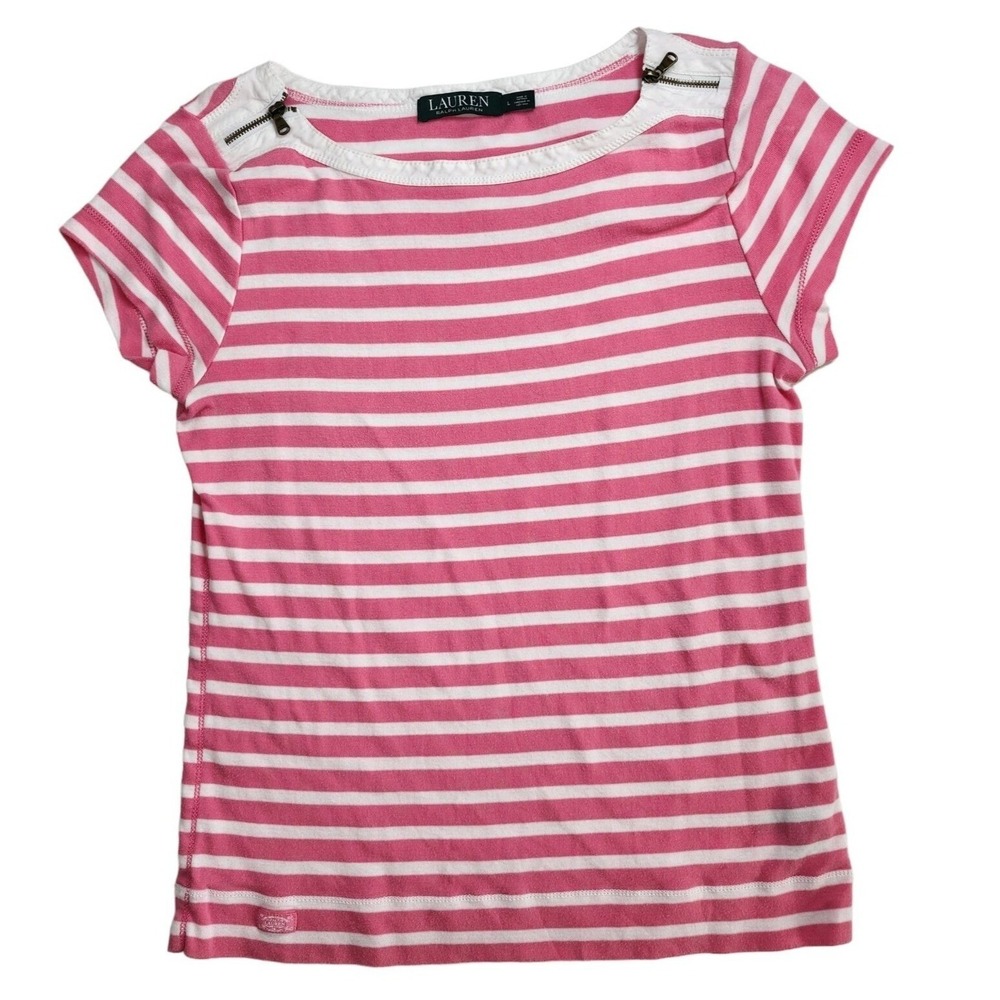 Lauren Ralph‎ Lauren Pink White Striped Boat Neck Zipper Shoulder Top